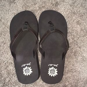Yellow box flip flops